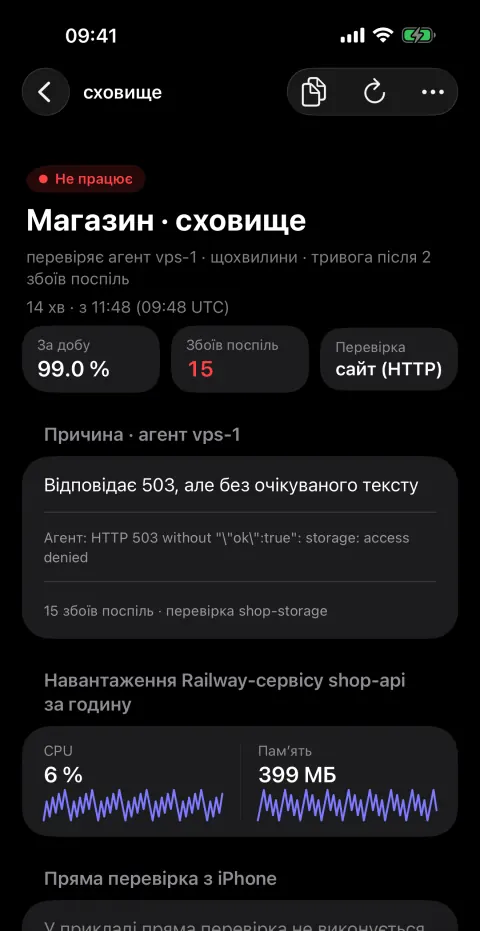 Застосунок Pult, картка проблеми: «Магазин · сховище, не працює», перевіряє агент vps-1 щохвилини, тривога після 2 збоїв поспіль; причина людською мовою й оригінал повідомлення агента.