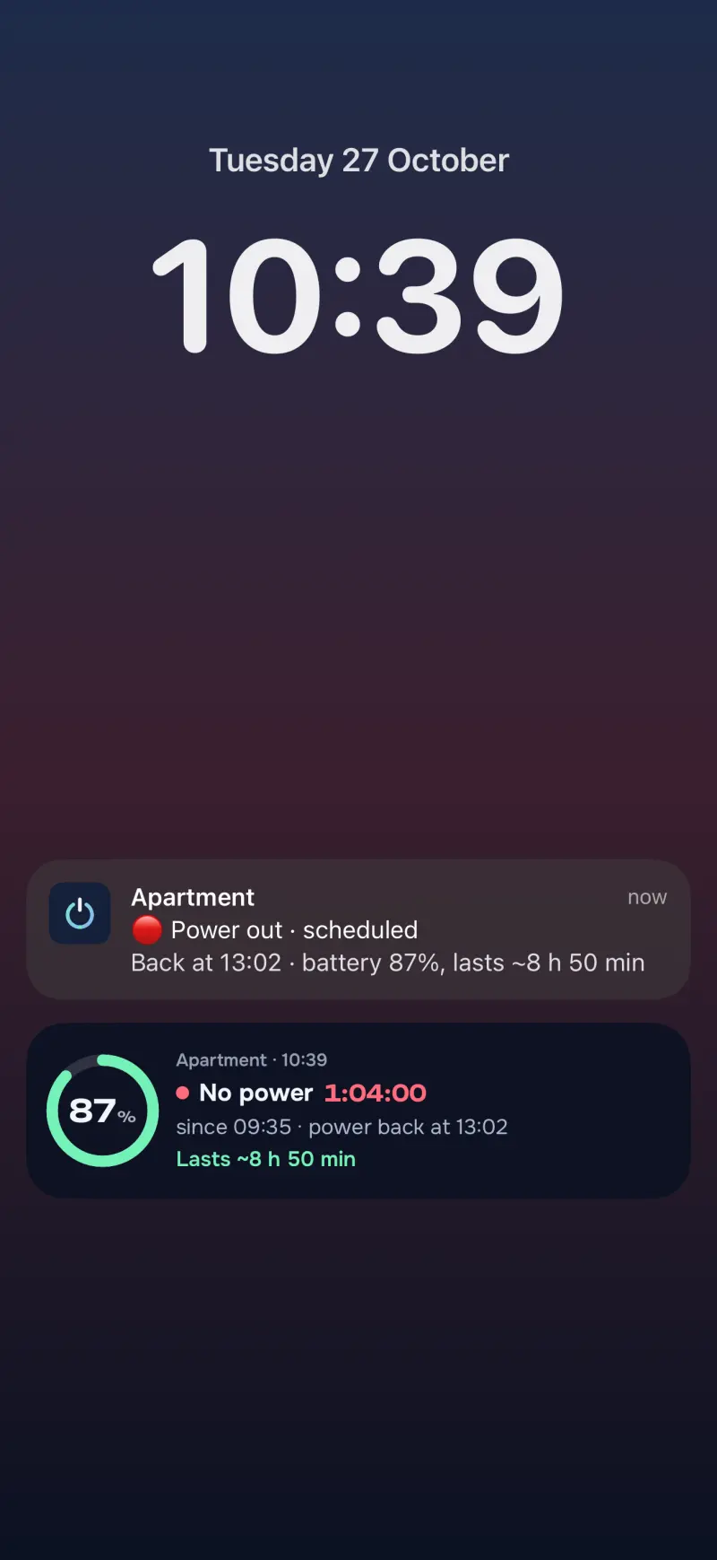 What the Lock Screen looks like: a push «Power out · scheduled» and the Live Activity with 87%, the outage timer and «Lasts ~8 h 50 min».