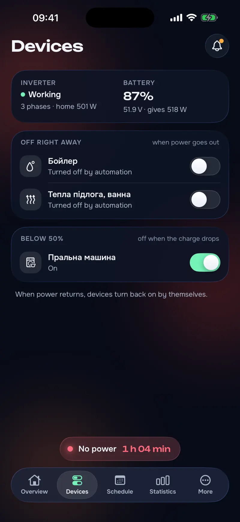 energy·pult, Devices: the relays in groups «switch off at once» and «below 50%», each with its switch.