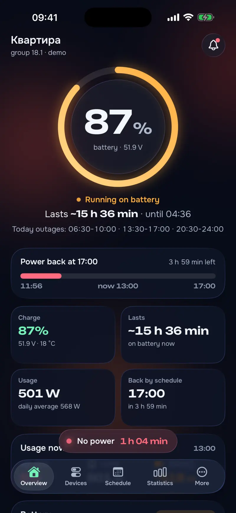 energy·pult, Overview during an outage: the battery ring, «lasts for», when the power is due back, grid, home and battery.