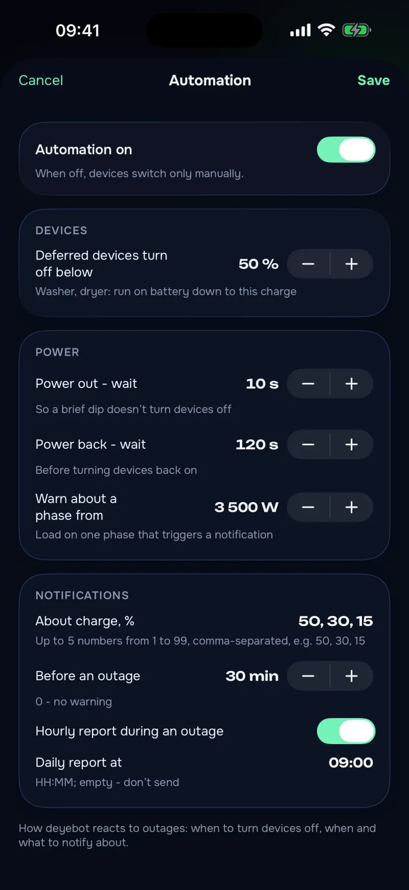 energy·pult, Automation settings: the charge threshold for the washer, how long to wait when the power goes and comes back, the phase warning, the alerts.